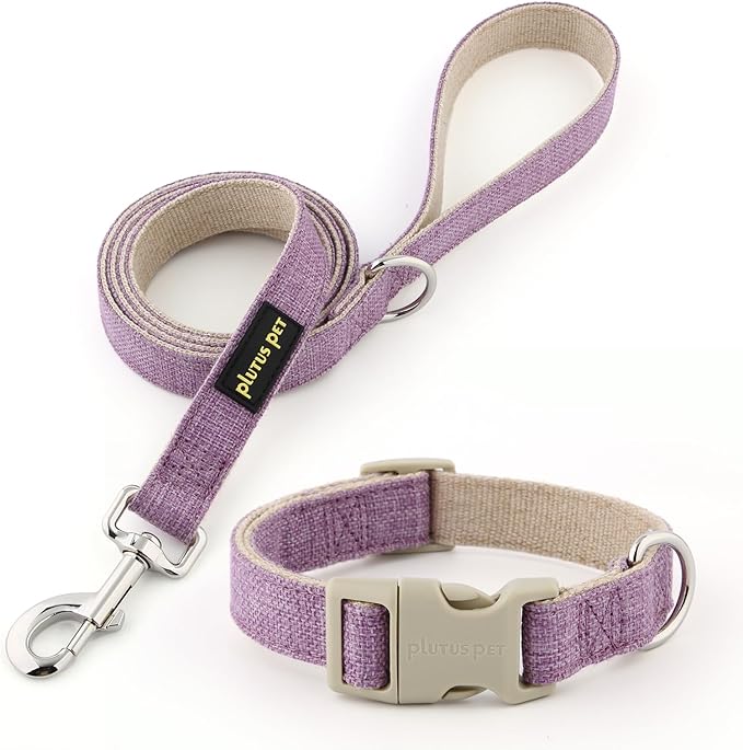 Plutus Pet Cotton Hemp Dog Collar and Leash Set, Adjustable Collar for Small, Medium, and Large Dogs, Heavy Duty and Soft on Skin, Lavender, M