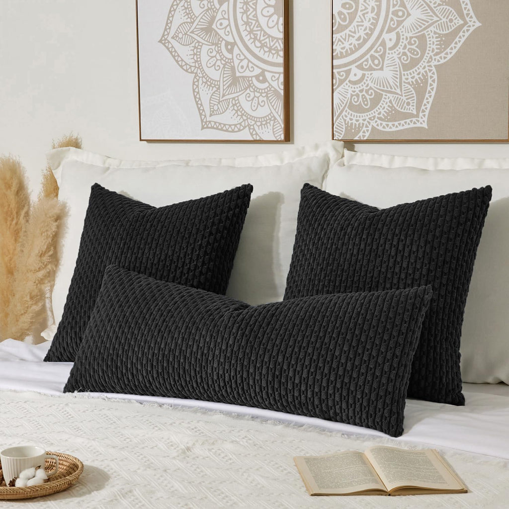 Kevin Textile 14x36 Inch Long Lumbar 1 Pack Boho Decorative Throw Pillow Cover Soft Striped Corduroy Rectangle Cushion Case Farmhouse Accent for Living Room Couch Sofa Bed, Black