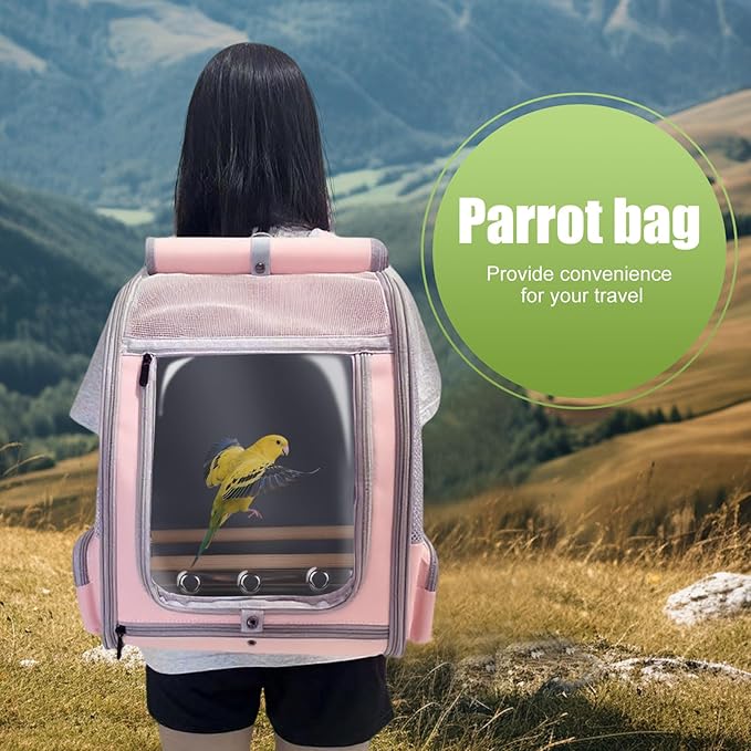 Parrot Carrier Backpack for Small to Medium Bird, Bird Travel Carrier Cage with Standing Perches and Metal Tray, Breathable Portable Transport Bag for Parakeet, Budgie, Conure, Cockatiel, Parrot