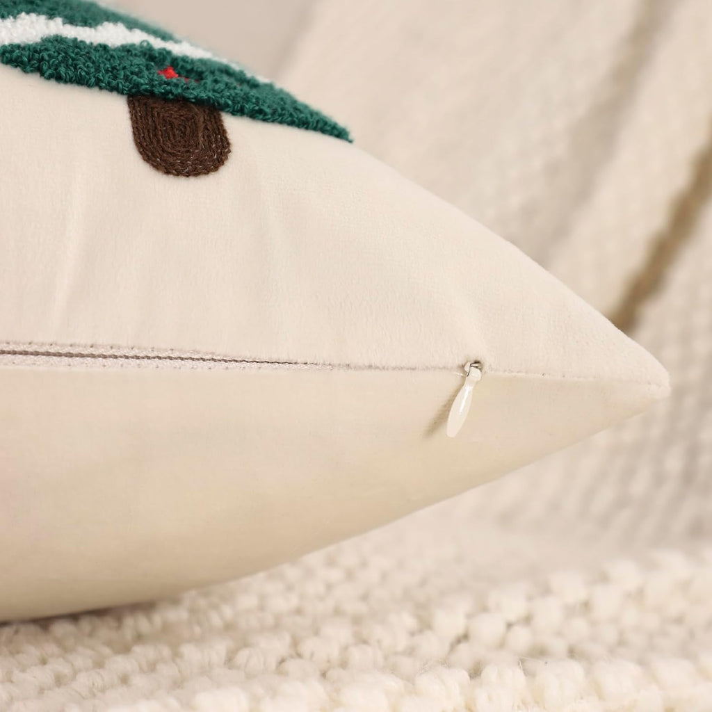 LUOYEHK Christmas Pillow Covers 18x18 Set of 2 Christmas Tree Decorative Beige Pillow Cases Winter Holiday Velvet Embroidered Cushion Covers for Couch Sofa Bed