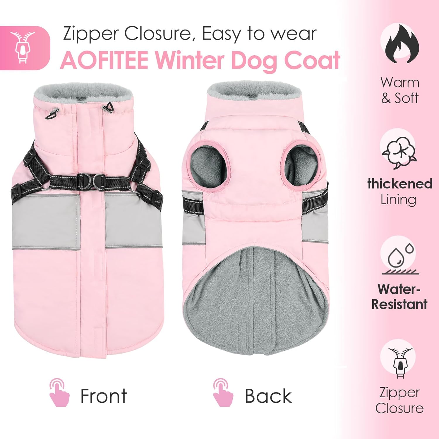 AOFITEE Dog Coat, Warm Dog Jacket with Harness Built in, Waterproof Coats for Small Dogs, Dogs Winter Coat Puffer Jacket with Zipper & Fleece Collar, Pet Snowsuit Sweater for Chihuahua Yorkshire, XS