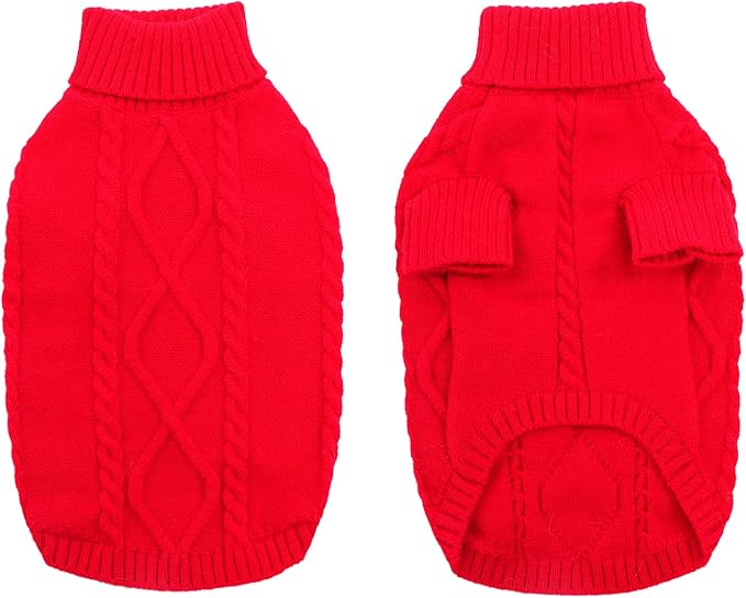 Queenmore Small Dog Pullover Sweater, Cold Weather Cable Knitwear, Classic Turtleneck Thick Warm Clothes for Chihuahua, Bulldog, Dachshund, Pug (Red, Large)