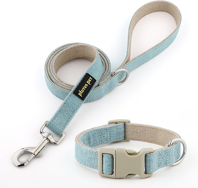 Plutus Pet Cotton Hemp Dog Collar and Leash Set, Adjustable Collar for Small, Medium, and Large Dogs, Heavy Duty and Soft on Skin, Light Blue, M