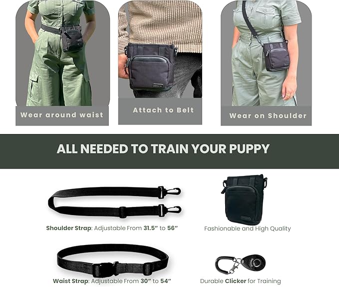 BEAU&FUR Small Dog Treat Pouch with Clicker for Training – 2 Cup Capacity, Built-In Poop Bag Dispenser, Storage for Snacks and Toys - Hands-Free Pouch Snack Holder for Walking and Training – Black