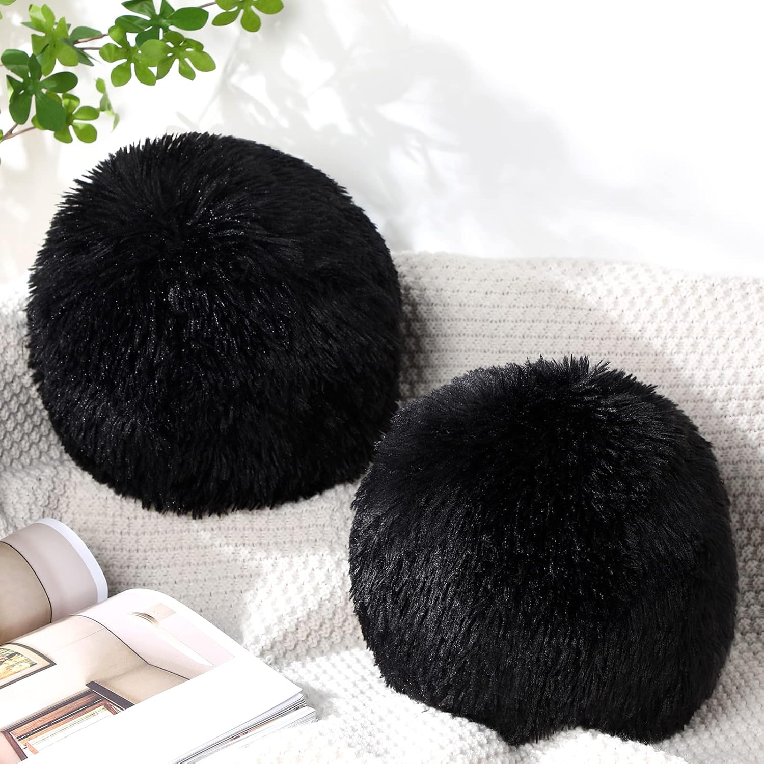 2 Pack Plush Round Ball Throw Pillow 10 Inch Nordic Soft Boucle Pillows Spherical Fuzzy Pillows Circle for Couch Sofa Bed Bedroom Living Room Office School Chair Decorations(Black)