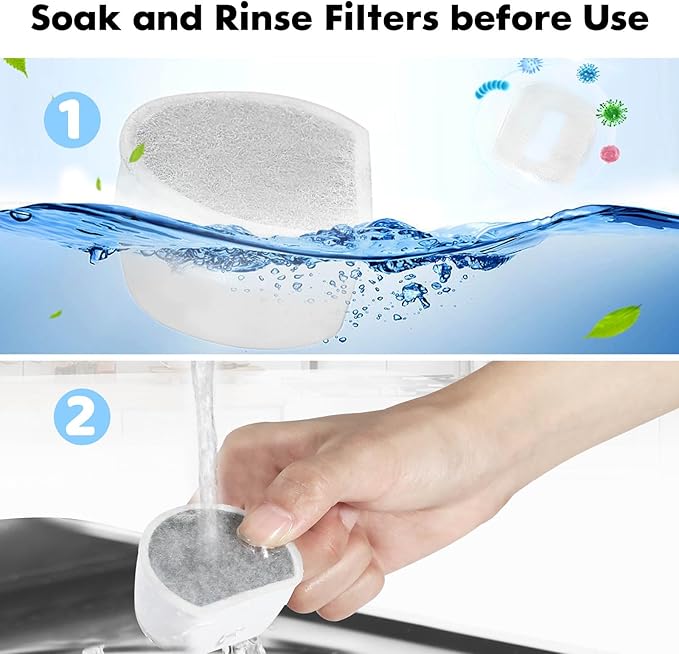 16 Pack Cat Water Fountain Filters Replacement, 8 Carbon Filters and 8 Foam Sponge Pre-Filter Fit for Multiple Ceramic and Stainless Steel Pet Fountains