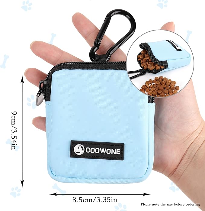 COOWONE Dog Treat Pouch Pocket Sized Pet Puppy Training Pouch for Dog Training Behavior Aids, Waterproof Nylon Fabric Dog Poop Bag Holder, Hands Free Dog Walking Bag with Metal Carabiner (Blue)