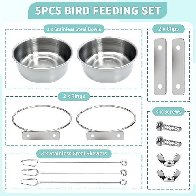 2 Pcs Bird Feeding Dish Cups with 3 Pcs Food Holder for Cage, Parrot Food Water Bowls and Fruit Vegetable Skewer Foraging Toy, Stainless Steel Bird Feeders for Small Animals -Silvery,5 Pcs