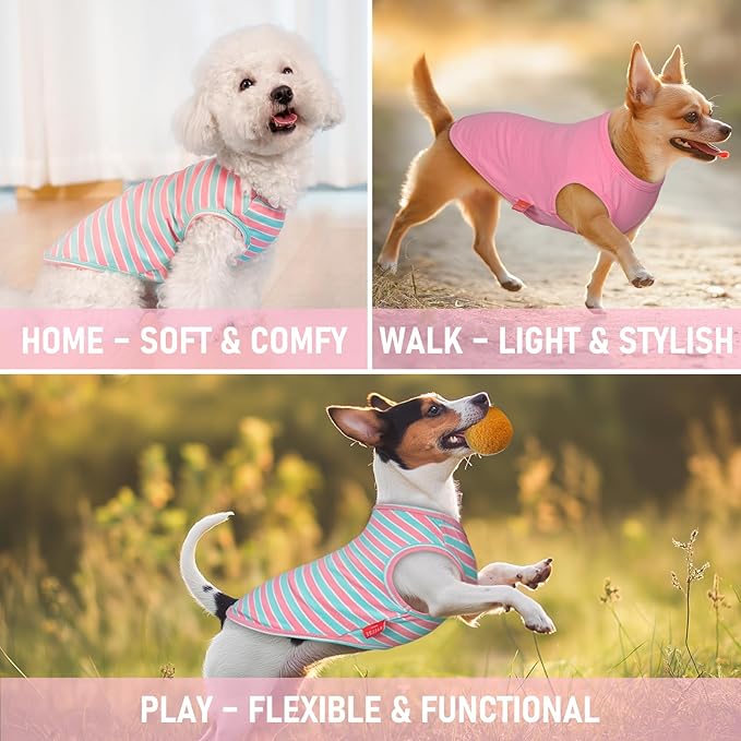 KYEESE 2Pack Dog Shirts Striped T Shirt Cotton Tank Top Soft Tee for Small Dogs Lightweight Clothes Sleeveless Dog Vest, Medium,Pink+Striped