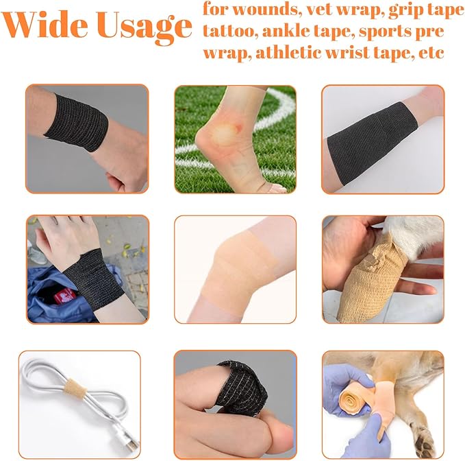 24 Rolls Self Adhesive Bandage Wrap, Vet Wrap 2 Inch, Dogs Bandages for Wounds Care Dressings, Elastic Self Stick Cohesive Bandage Wrap, Leg Wraps, Wrist Tape, Ankle, Sports, Tatto Grip Tape (Black)