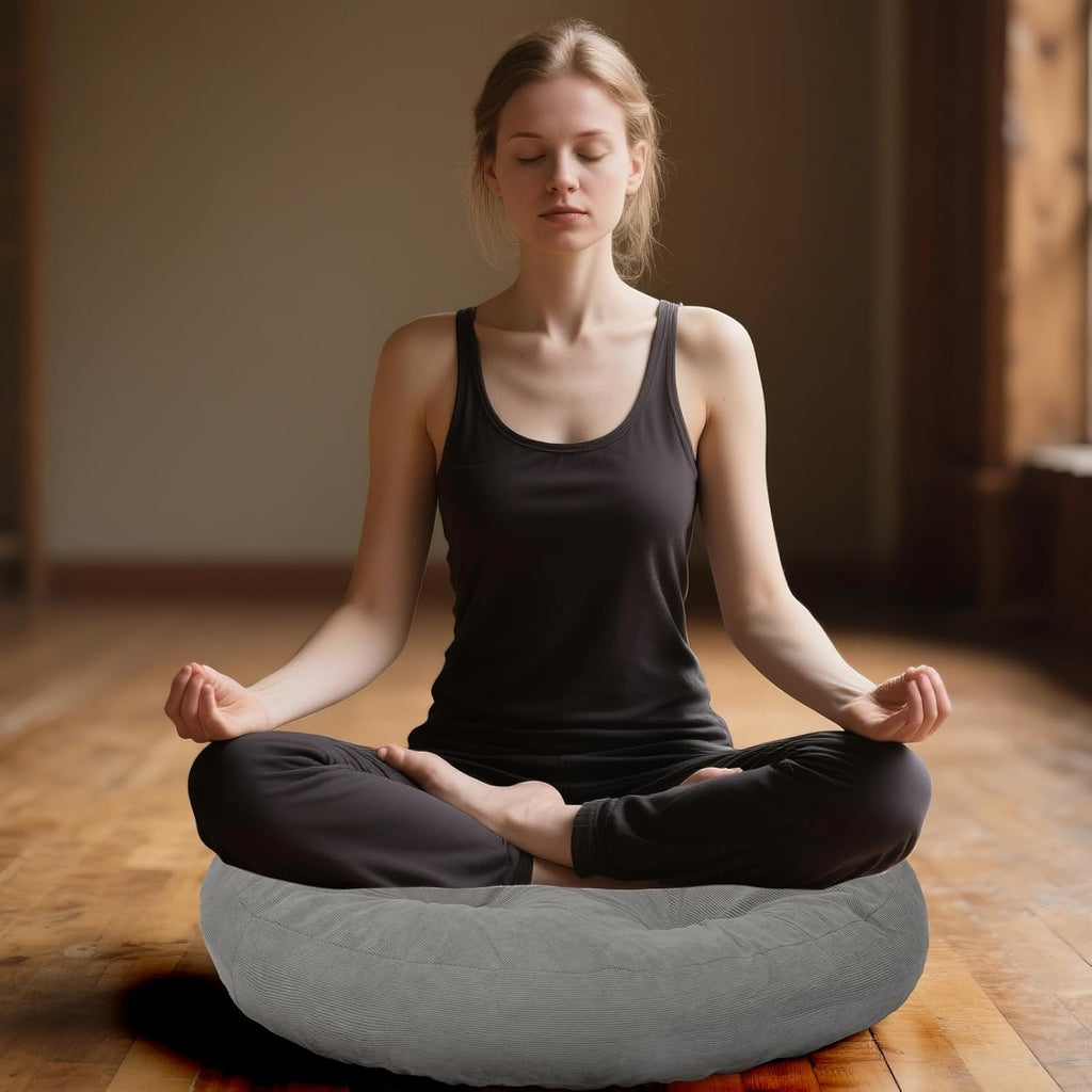 Meditation Floor Pillow Set of 2, Round Large Pillows Seating for Adults, Tufted Corduroy Cushion for Tatami Living Room, 22x22 Inch FP-Grey-R