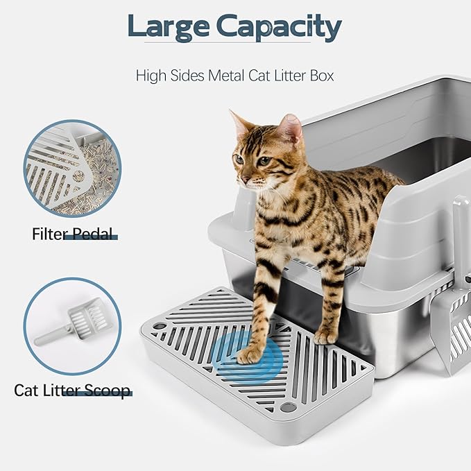3 Pack Stainless Steel Litter Box, XL 22.9” x 15” x 10.3” High Sided Metal Cat Litter Tray with Scoop, Filter Pedal for Anti-Splash, Non-Sticky, Easy to Clean (Light Grey)