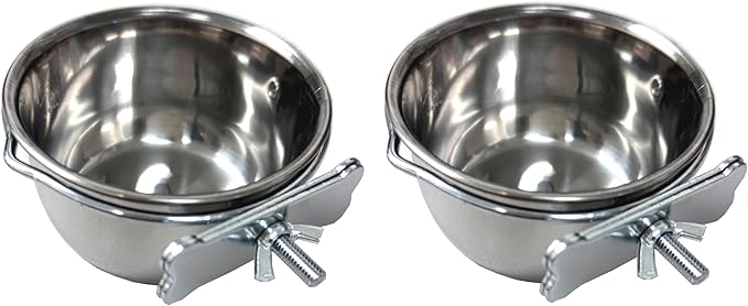 Lot of 2 Bird Parrot Cage Stainless Steel Seed Water Feeder Replacement 4-Inch Wide 2-Inch Deep Cups with Adjustable Cage Holders