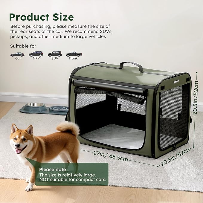 Large Dog Car Carrier Light Weight, 27×20.5×20.5ins Dog Carrier for Cars, Portable Dog Car Crate with Breathable Windows, Stable Pet Carrier for Both Indoor and Outdoor Use, Pet Travel Crate Green
