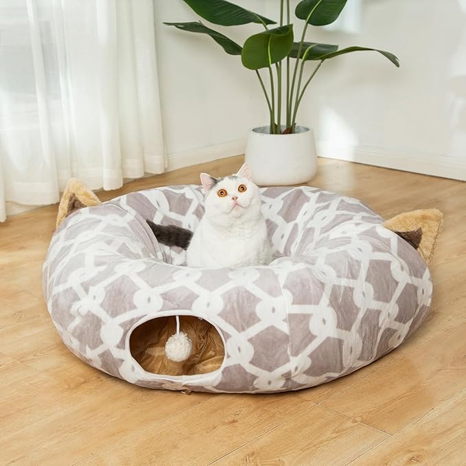 LUCKITTY Large Cat Tunnel Bed Under Christmas Tree with Fluffy Toy Balls, Small Cushion and Flexible Design- 10 inch Diameter, 3 ft Length- Great for Cats, and Small Dogs, Gray Geometric Figure