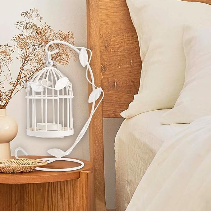 Birdcage Candle Holder, Hanging Candle Holder Decorative Bird Cages Bird Cage Decor Vintage Metal Candlestick for Wedding, Party(White)
