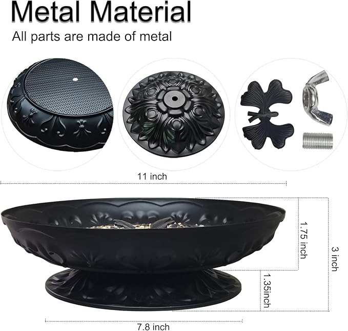 Ground Platform Bird Feeder Tray,11” Metal Large Standing Bird Feeder Mesh Seed Tray，for Outdoor Garden (Black-1 Pack)