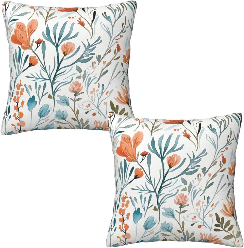 Turquoise Orange Floral Throw Pillow Covers 18x18 in Set of 2 Decorative Teal Orange Flower Square Pillowcase Pillowcovers for Couch Living Room Sofa Bedroom