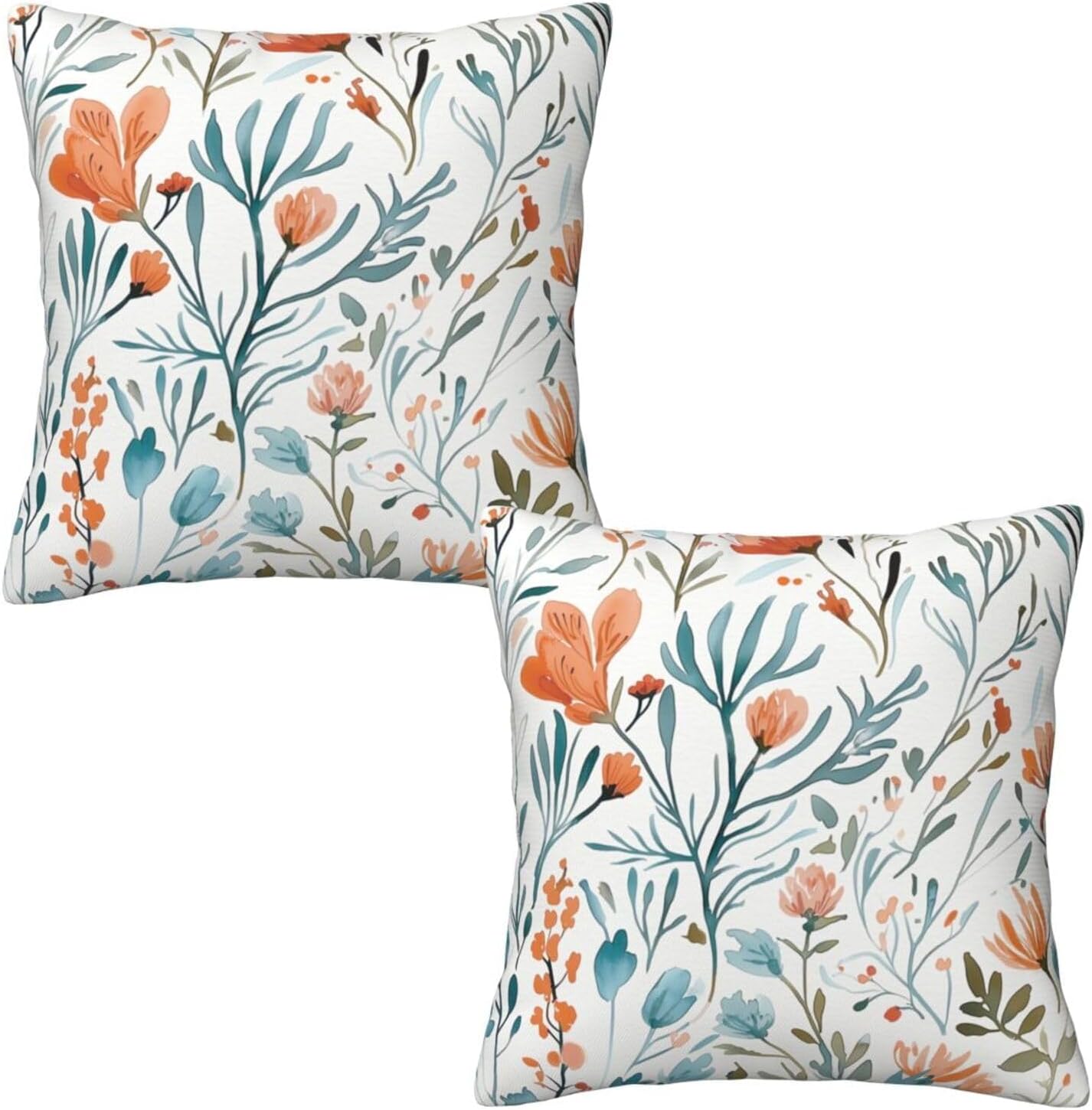 Turquoise Orange Floral Throw Pillow Covers 18x18 in Set of 2 Decorative Teal Orange Flower Square Pillowcase Pillowcovers for Couch Living Room Sofa Bedroom
