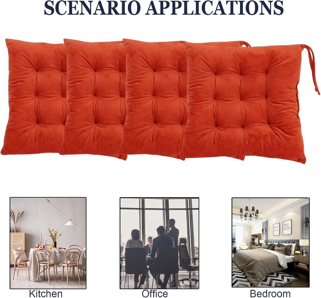 Set of 4 Square Chair Pads Indoor Seat Cushions Pillows with Ties Soft Comfortable Non Slip Chair Mat for Kitchen Dining Office Desk Living Room Outdoor Tatami 15.5" - Orange