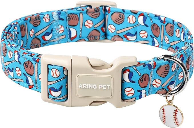 ARING PET Baseball Dog Collar, Cute Summer Blue Pet Collars with Quick Release Buckle for Puppy Small Medium Large Boy Girl Dogs-M