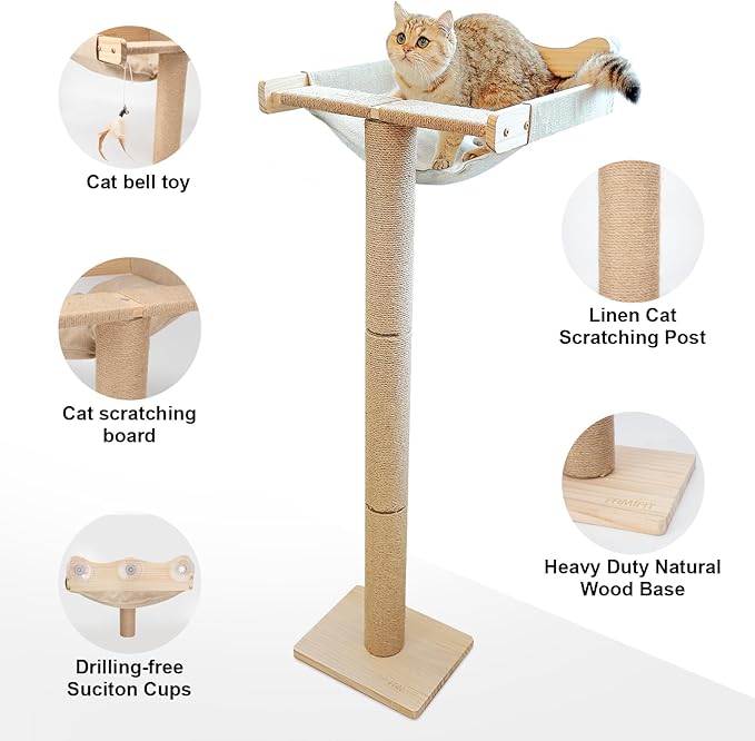 Cat Window Perch with Scratching Post, 46" Adjustable Tall Scratching Posts & Suction Cup – Multi-Level Perch for Climbing, Bird Watching, and Play, Supports 45 lbs (Drilling-Free)