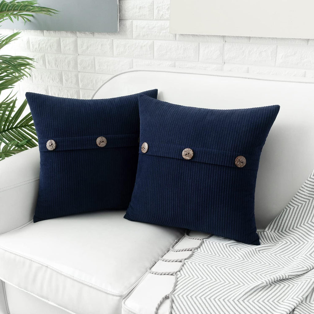 HWY 50 Navy Blue Chenille Throw Pillow Covers 18x18 Inch with Triple Buttons, Soft Farmhouse Accent Decorative Cushion Cases for Couch Sofa Bed Living Room Pack of 2