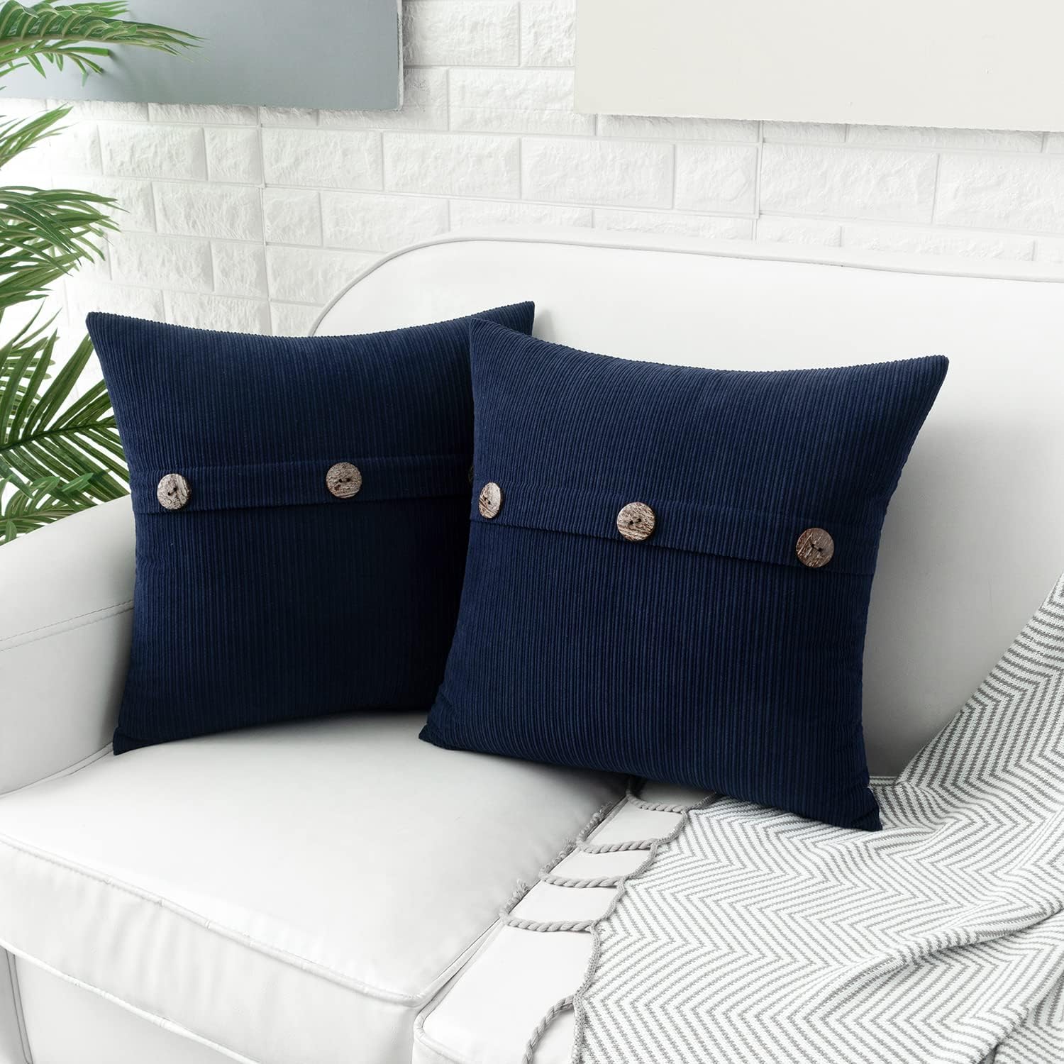 HWY 50 Navy Blue Chenille Throw Pillow Covers 18x18 Inch with Triple Buttons, Soft Farmhouse Accent Decorative Cushion Cases for Couch Sofa Bed Living Room Pack of 2