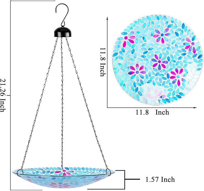 VCUTEKA Hanging Bird Bath, Glass Mosaic Bird Baths for Outdoors Birdfeeder with 21 inch Rust-Proof Chain for Garden Yard Decor, Flower
