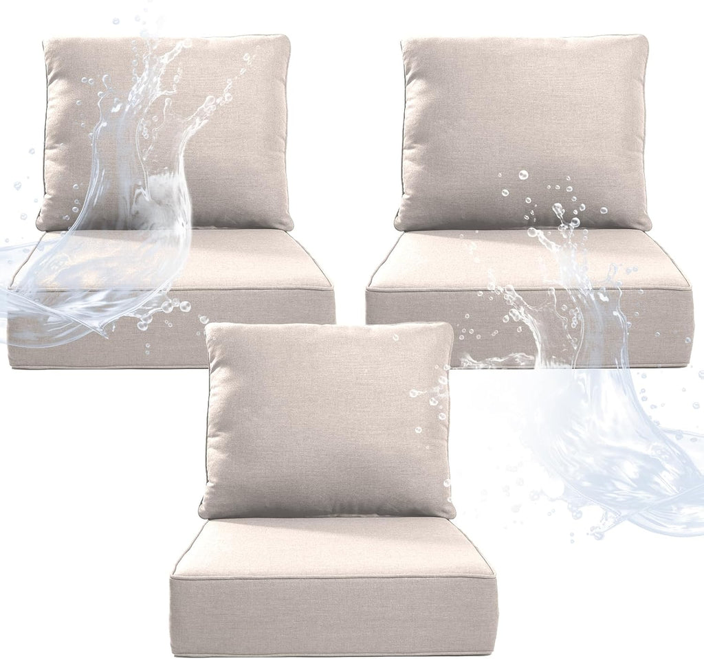 6" Thicker Outdoor Chair Cushion 3 Sets - 24" *24" *6" Waterproof Patio Furniture Cushions with Removable Cover, 28D High Density Sponge Filling Thicken Outdoor Patio Cushions - Beige