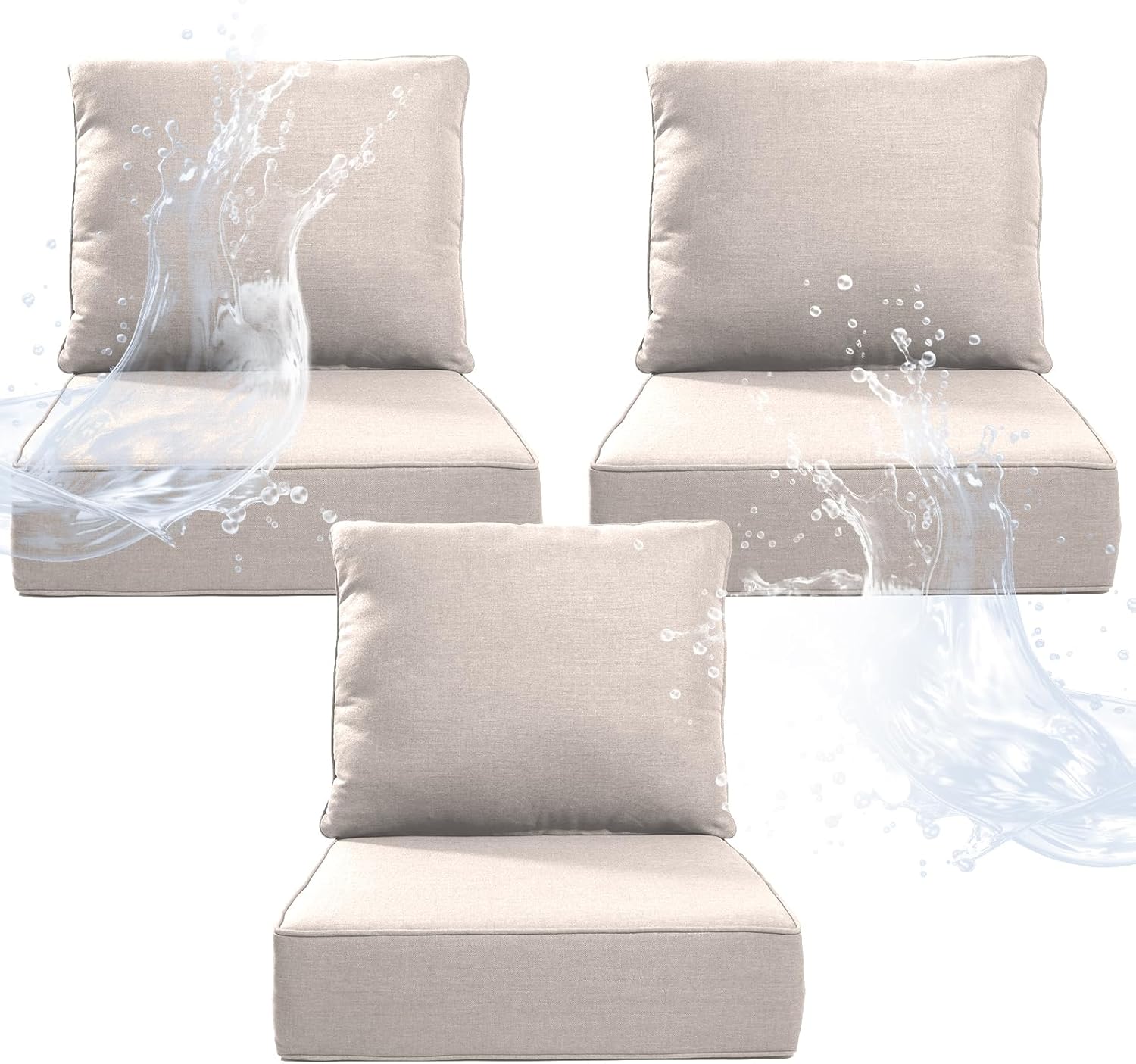 6" Thicker Outdoor Chair Cushion 3 Sets - 24" *24" *6" Waterproof Patio Furniture Cushions with Removable Cover, 28D High Density Sponge Filling Thicken Outdoor Patio Cushions - Beige