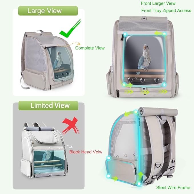 Cockatiel Carrier Backpack for Small to Medium Bird, Portable Bird Travel Carrier Cage with Standing Perches and Metal Tray, Breathable Transport Bag for Parakeet, Budgie, Conure, Cockatiel, Parrot