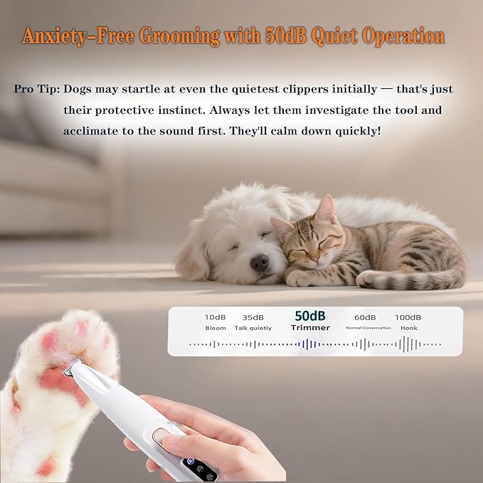 Electric Paw Trimmer for Dogs & Cats - Quiet Rechargeable Clipper with LED Light, 2 Wide Blades, Waterproof for Paws, Ears, Face, Rump - Multifunctional Pet Grooming Tool