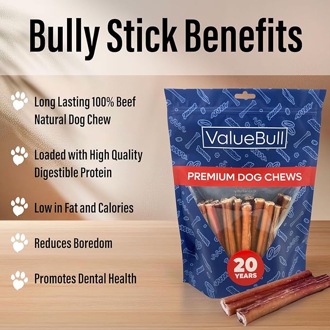 ValueBull Bully Sticks for Small Dogs, Extra Thin 6 Inch, 200 Count Bulk Pack - All Natural, Grass Fed, Single Ingredient, Long Lasting Dog Treats
