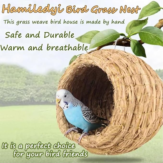 Hamiledyi Bird Nest Grass Bird Hut Outdoor Hanging Birdhouse Canary Nest Chickadee House Wren Nest Fiber Roosting Pocket for Parakeet Parrot Cockatiel Finch