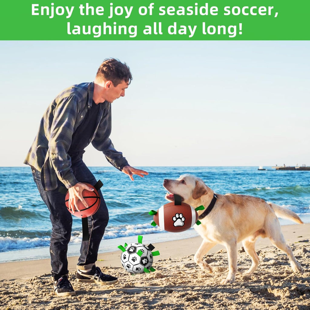 QDAN Dog Soccer Ball Football Basketball Set - 3 PCS Dog Balls with Strap for Tug of War, Soccer Ball Football Toys for Small Medium Large Dogs, Herding Ball for Dogs, Dog Birthday Toy