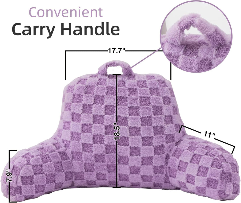 A Nice Night Faux Fur Reading Pillow,Checkered Fluffy Grid Plaid,Bed Wedge Pillow Large Adult Children Backrest with Arms for Bedrest,Purple
