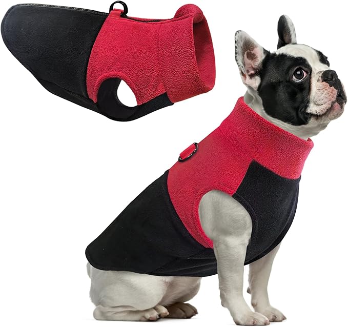 Idepet Dog Fleece Vest Sweater Zip Up Warm Pullover Dogs Jacket with D-Ring Leash Winter Cold Weater Coat Pet Sweatershirt Clothes Hoodie for Small Medium Dogs Boy Girl (Red/Black, XXL)