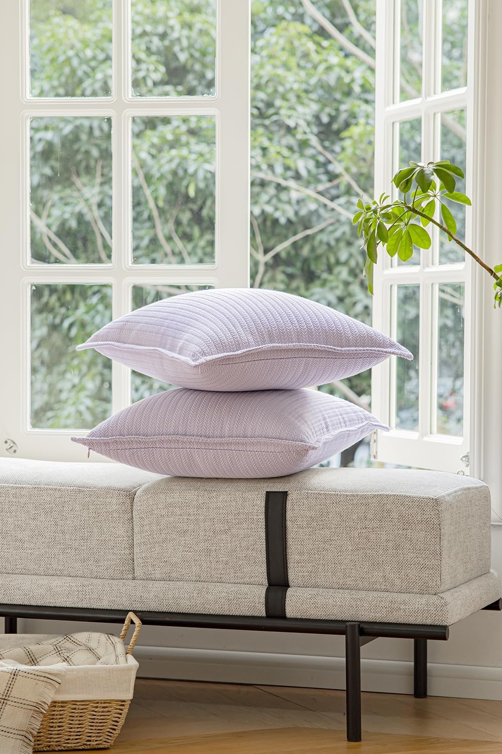 Set of 2 Cozy Striped Herringbone Flange Throw Pillow Covers, Aesthetic Embossed Pattern Pillow Covers for Couch and Bed - 20"x20", Languid Lavender