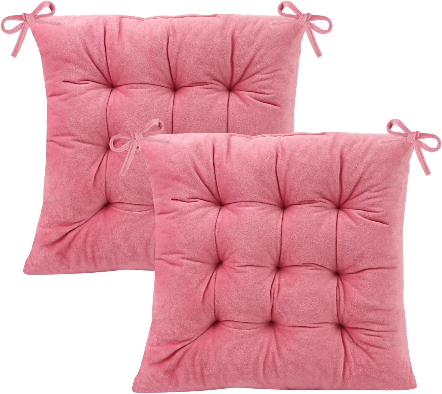 2 Pack Square Seat Cushion Chair Pads for Kitchen Dining Chairs, Soft Comfort Velvet Chair Mat Pillow Cushions with Ties for Office Desk Living Room Tatami 15.5", Pink