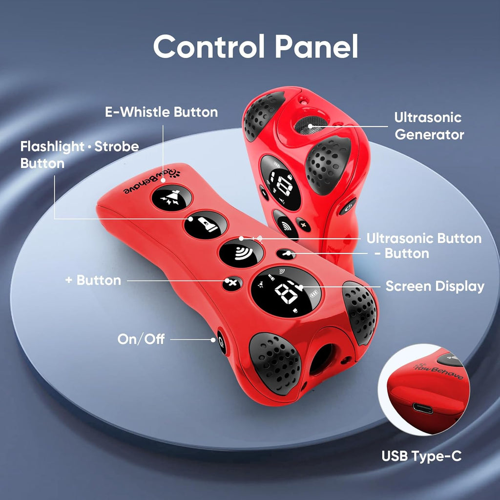 Adjustable Ultrasonic Dog Trainer–World's First Variable Frequency Pet Behavior Corrector with 10 Level Ultra Sound, 18 Dog Whistles, Anti-Bark Flashlight, Safe and Humane Deterrent (Red)