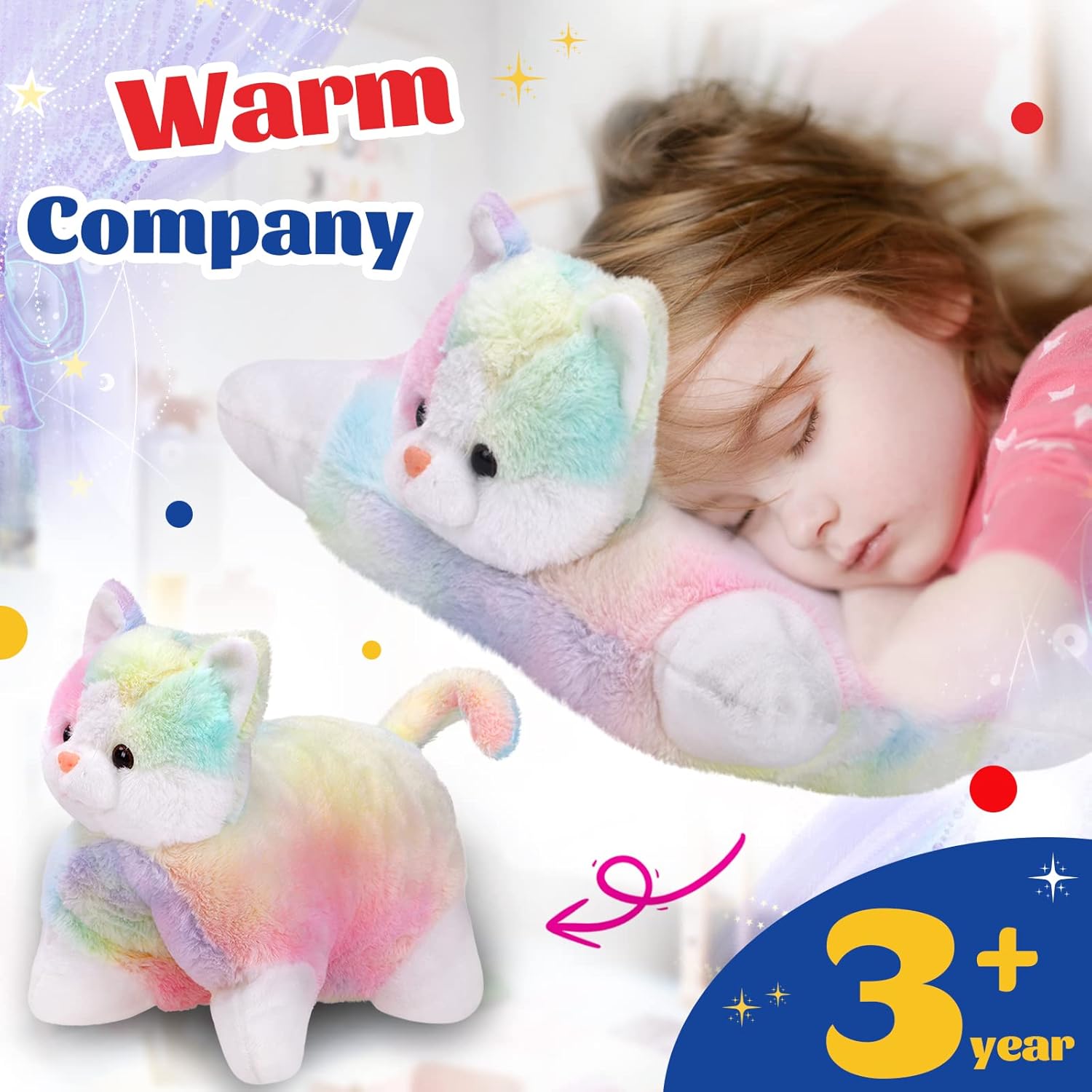 Glow Guards 16" Rainbow Cat Plush Pillow,Cute Kitty Stuffed Animal Soft Lovely Colorful Toy,Bedtime Sofa Decors,Christmas Birthday Children's Day Hoilday Gift for Toddler Kids