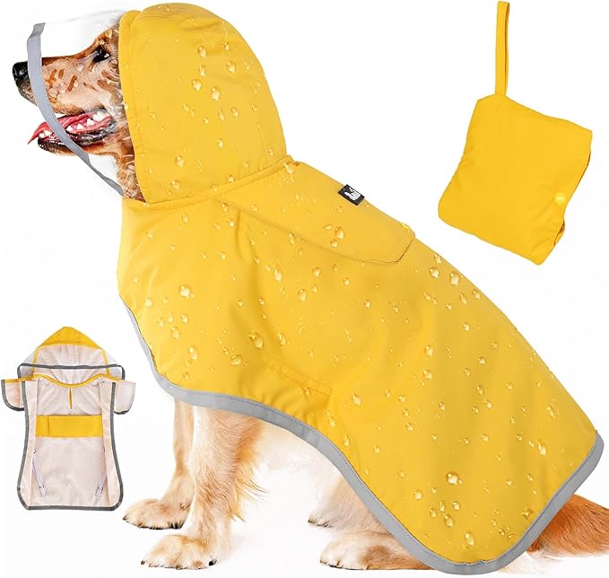 SlowTon Dog Raincoat, Adjustable Dog Rain Jacket Clear Hooded Double Layer, Waterproof Poncho with Reflective Strip Straps and Storage Pocket for Small Medium Large Dogs(XXL)