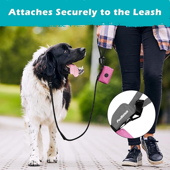 PetBonus Dog Poop Bag Holder, Portable Pet Waste Bag Dispenser, 2 Pouches for Treats and Walking Accessories, Fit All Leashes, Includes 1 Roll of Dog Poop Bags (Pink)
