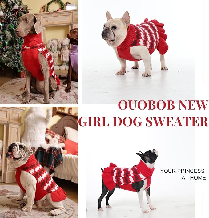 Dog Sweaters for Extra Large Dogs Girl, Dog Sweater Dress with Leash Hole, Thick Turtleneck Knitwear for Female Dogs, Warm Fall Winter Dress for Cold Weather, Holiday - Red XXXXL