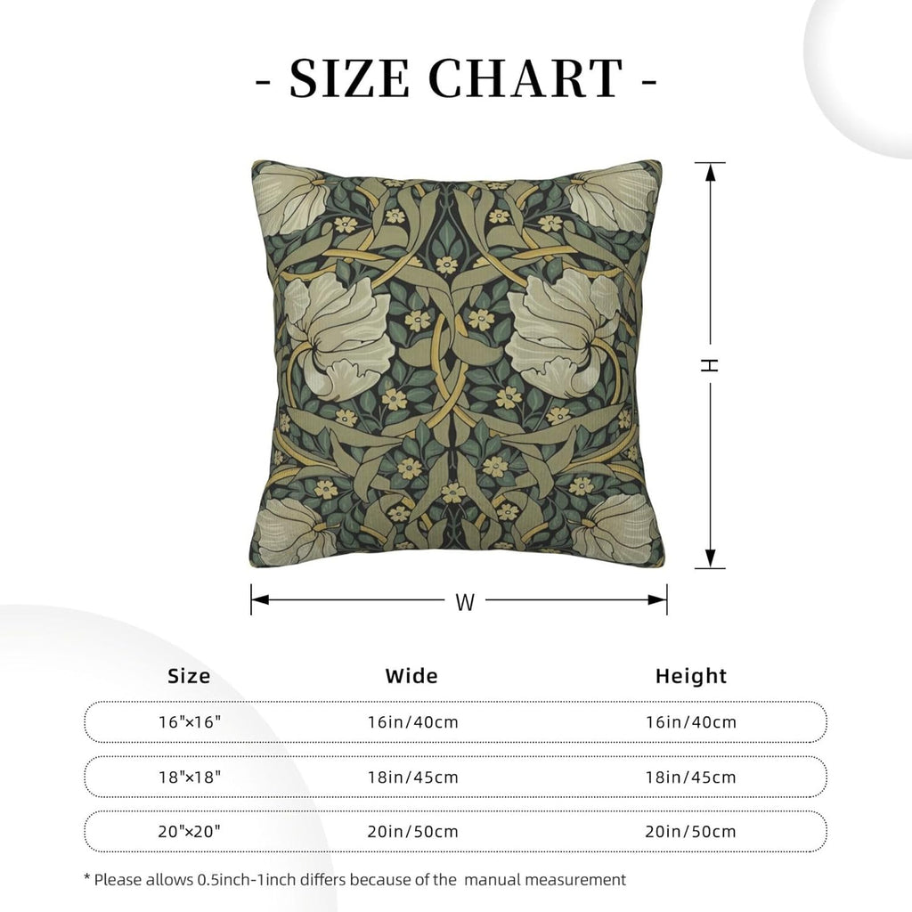 William Morris Green Vintage Floral Pimpernel Design 18x18 inches Throw Pillow Covers Square Pillowcases Decor for Bed Couch Sofa Living Room Cushion Covers