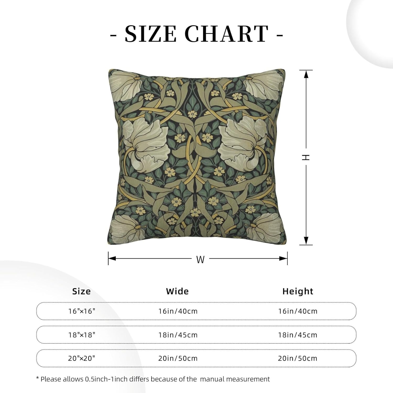 William Morris Green Vintage Floral Pimpernel Design 18x18 inches Throw Pillow Covers Square Pillowcases Decor for Bed Couch Sofa Living Room Cushion Covers