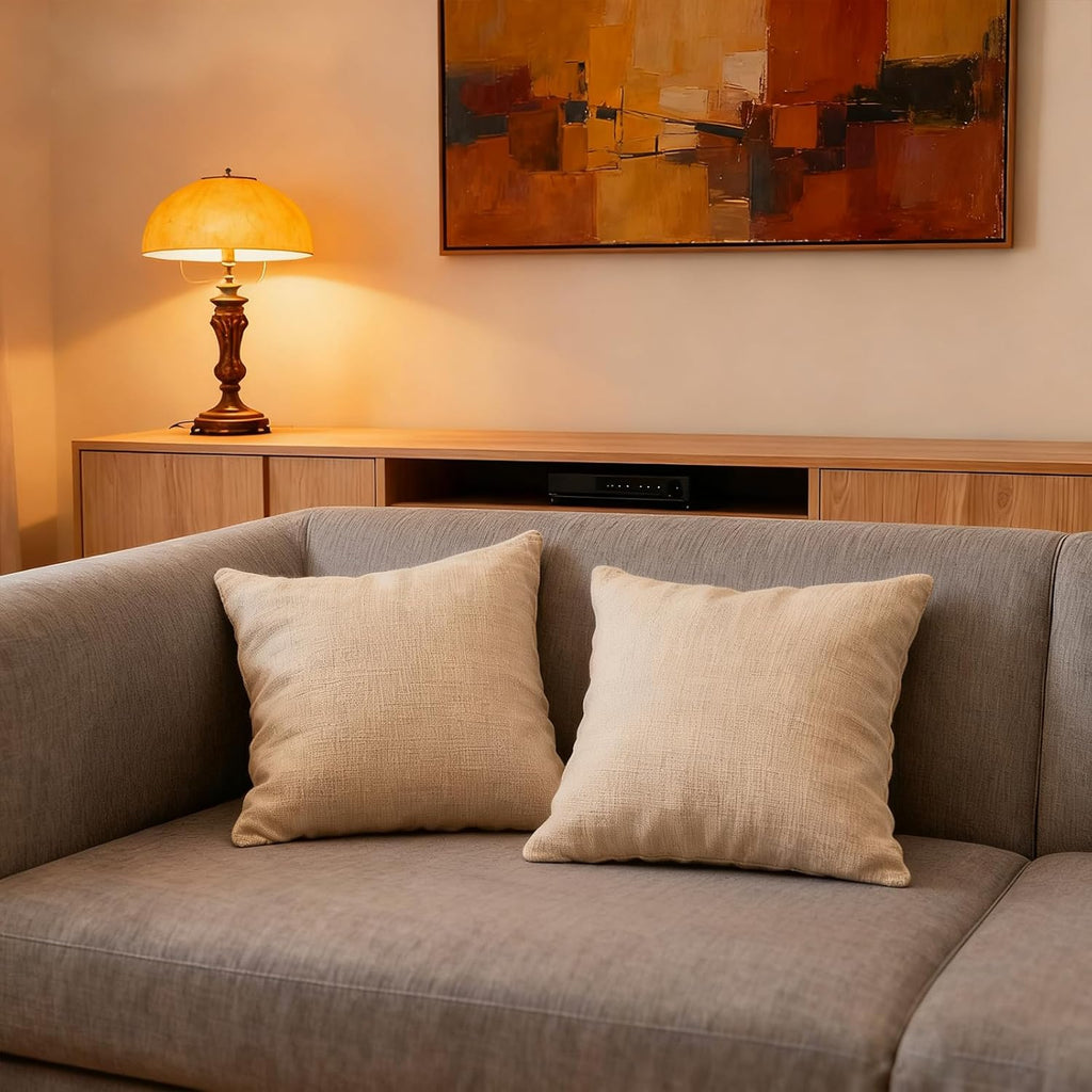 Throw Couch Pillow with Insert 18x18 Inches Set of 2 Square, Cute Modern Home Fall Decor for Living Room Sofa Bed Cushion Accent Case, Anthropologie Style Home Decor (Light Linen #P2-13)