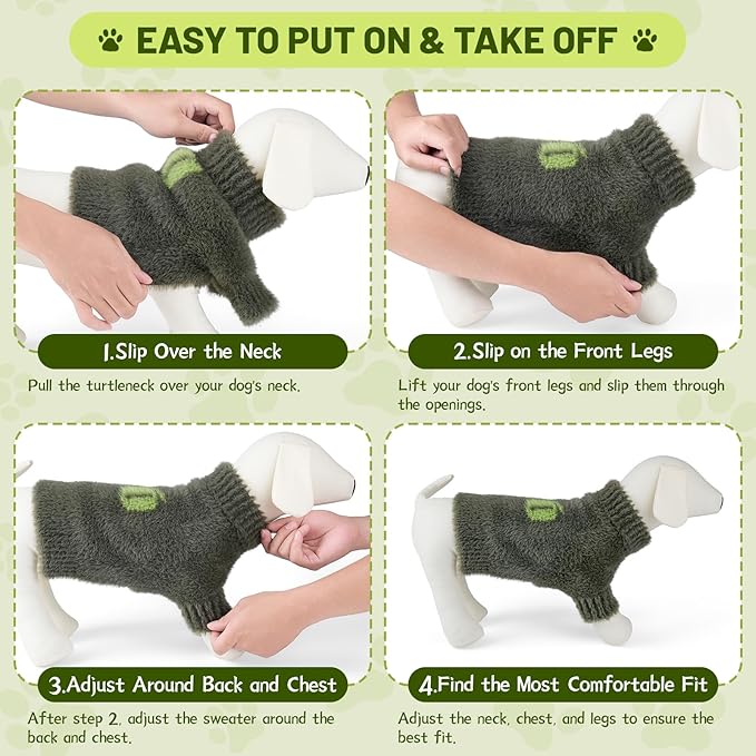 Small Dog Furry Pullover Sweater, Classic Turtleneck Dog Clothes for Cold Weather Cute Warm Pet Clothes for Chihuahua, Bulldog, Dachshund, Pug Green X-Large