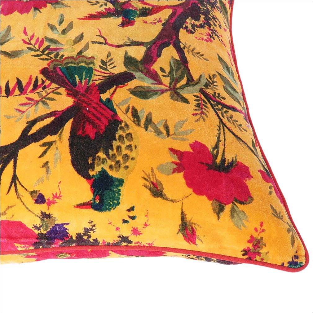 Eyes of India Velvet Floral Flower Bird Throw Pillow Sofa Cushion Cover Case Couch Colorful Boho Chic Bohemian Accent Indian Handmade (Yellow, 16" x 16")